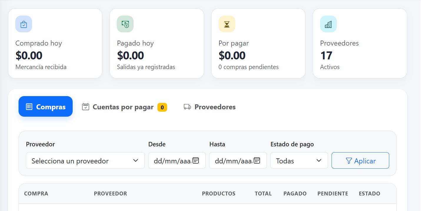 Compras y proveedores en MHY POS