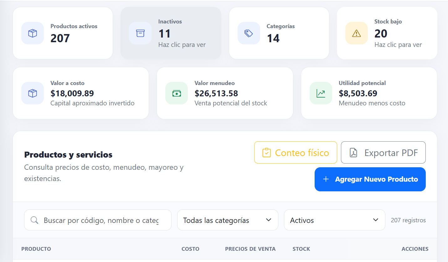 Inventario en MHY POS