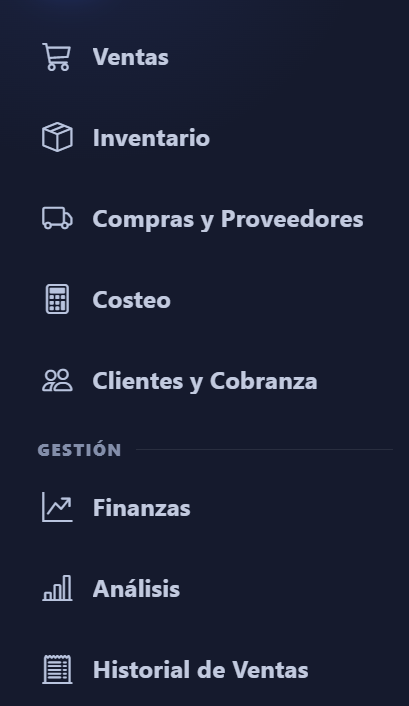 Menú de módulos de MHY POS